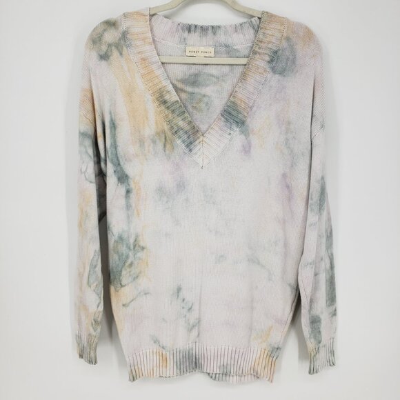 3/$25 Honey Punch Tie Dye Oversized Pullover Sweater S Womens V Neck Green - Picture 1 of 9